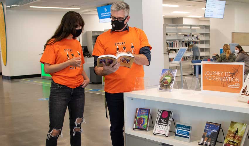 Materials by Indigenous writers and about indigenization and decolonization are displayed on the first floor of the Riddell Library and Learning Centre.