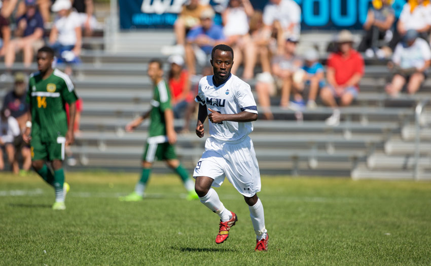 Orest Ndabaneze on the soccer pitch playing for the MRU Cougars Soccer team.