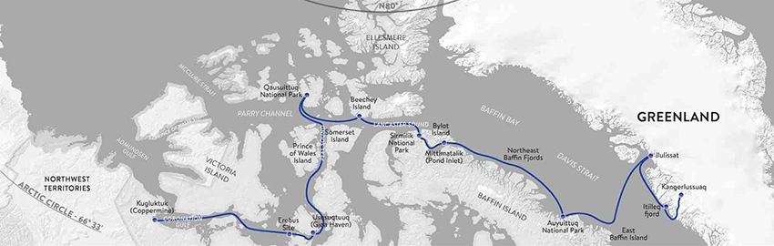 Map showing passage and site of Erebus, route the ship will follow