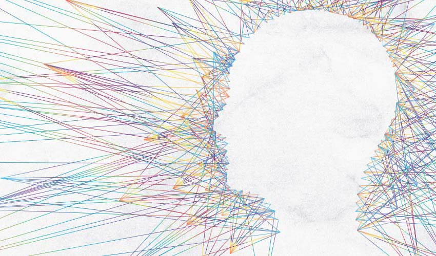 A shape of a head created by hundreds of rainbow lines.