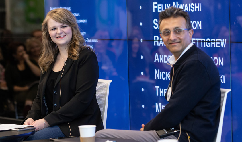 Cordelia Snowdon, vice-president, Academic of the Students' Association of Mount Royal University and Karim Dharamsi, PhD, chair of General Education