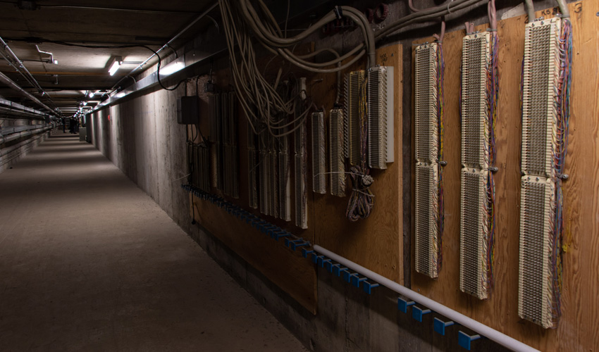 Every wire in the panels on the right once connected to an office landline. Banks of panels were placed throughout the tunnel sections in clusters that would have linked to large office areas on the floors above, like the old library.
