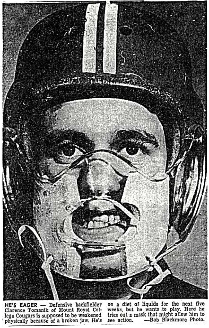 Headshot of Clarence Tomanik in his football gear clipped from the Nov. 2, 1960 issue of "The Albertan"
