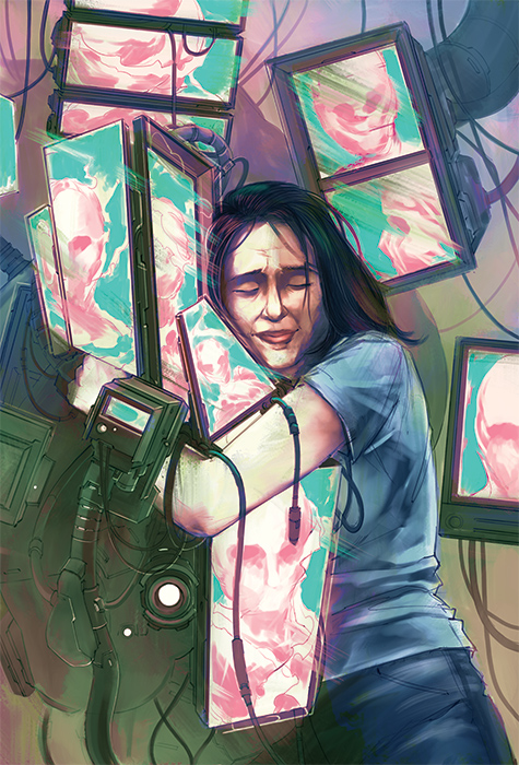 A woman stands holding multiple screens in front of her, showcasing a blend of technology and engagement.