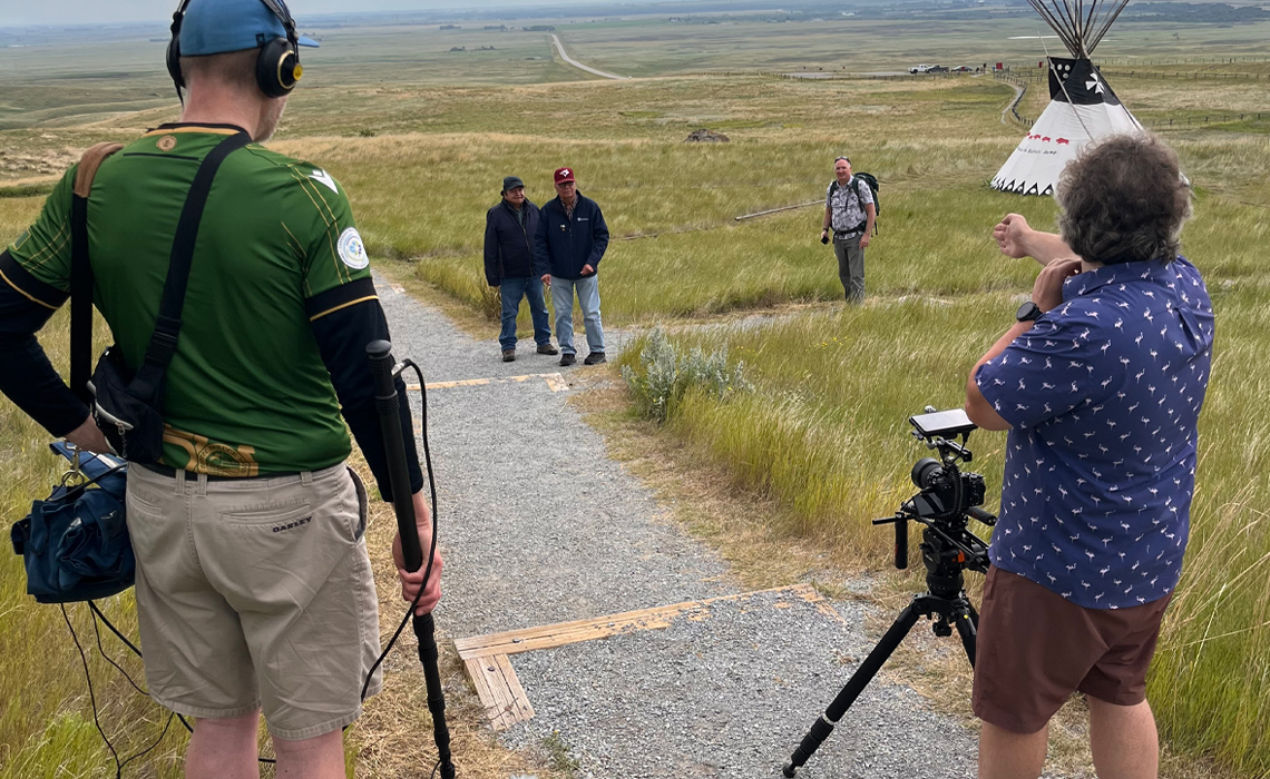 Behind the scenes filming at Head-Smashed-In-Buffalo Jump, a UNESCO world heritage site.