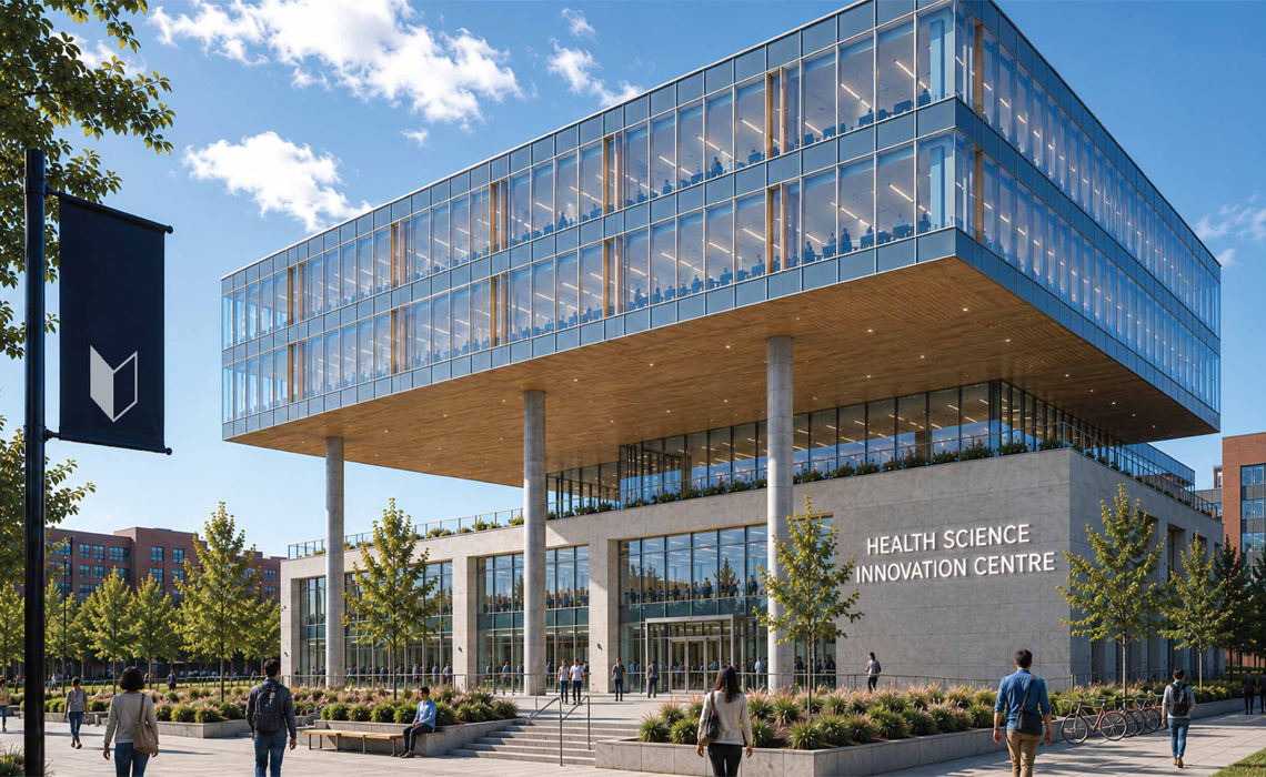 Rendering of a multi-tiered, modern-looking glass, wood and stone building surrounded by planters, trees and people walking by.