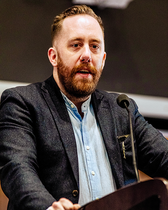Journalist Justin Ling speaking at Mount Royal's Journalism Spotlight Lecture.