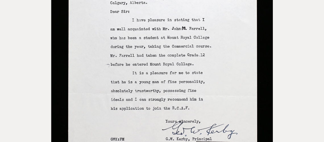 Farrell's letter of recommendation for joining the RCAF written by George W. Kerby, principal of Mount Royal College.