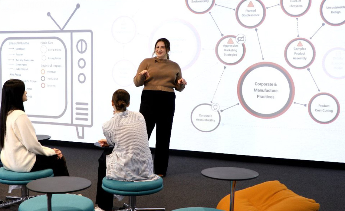 Krysten Loiselle stands in front of a large digital presentation screen in the Ideas Lounge at the Riddell Library and Learning Centre, gesturing while presenting to audience members.