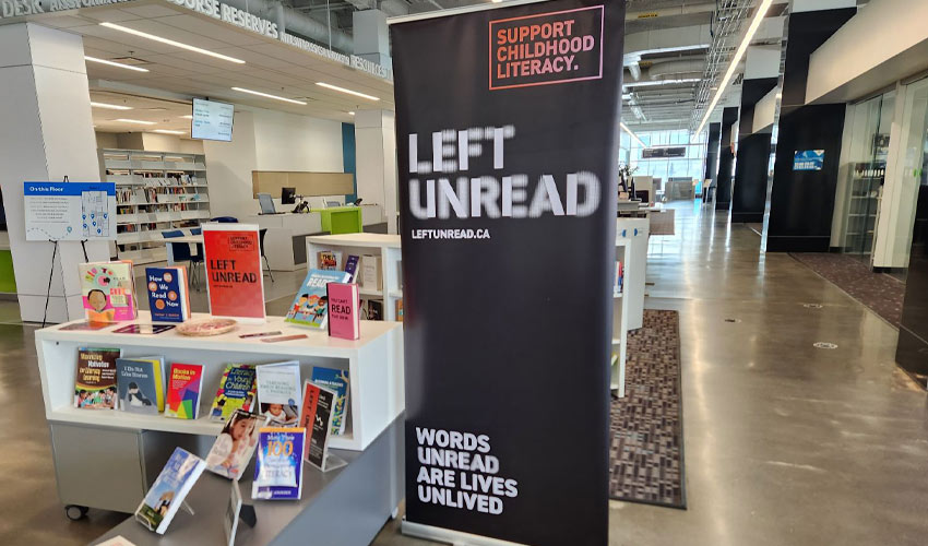 The Left Unread exhibit in the Riddell Library & Learning Centre at Mount Royal University.