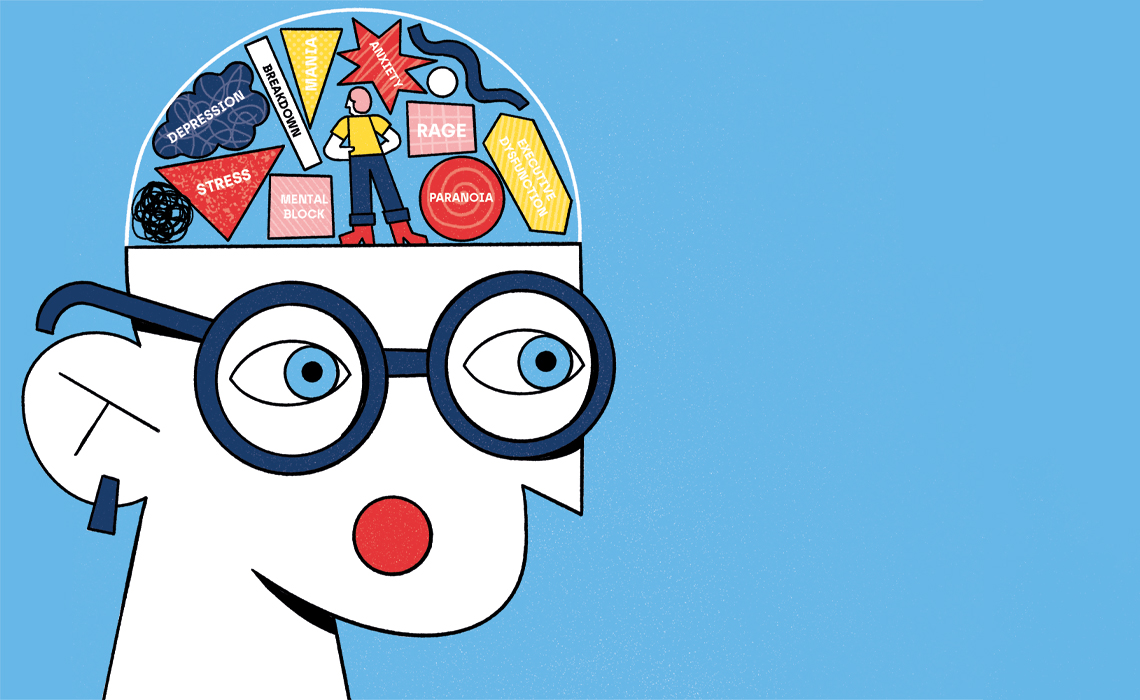 Illustration of a person's head with an exposed brain filled with labeled mental health symptoms.