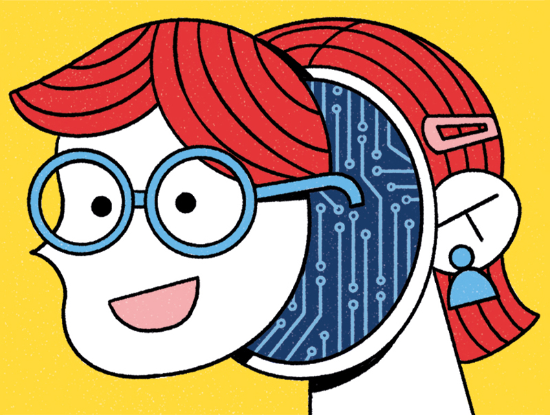 A cheerful cartoon with red hair and glasses, depicted in a vibrant, playful style.