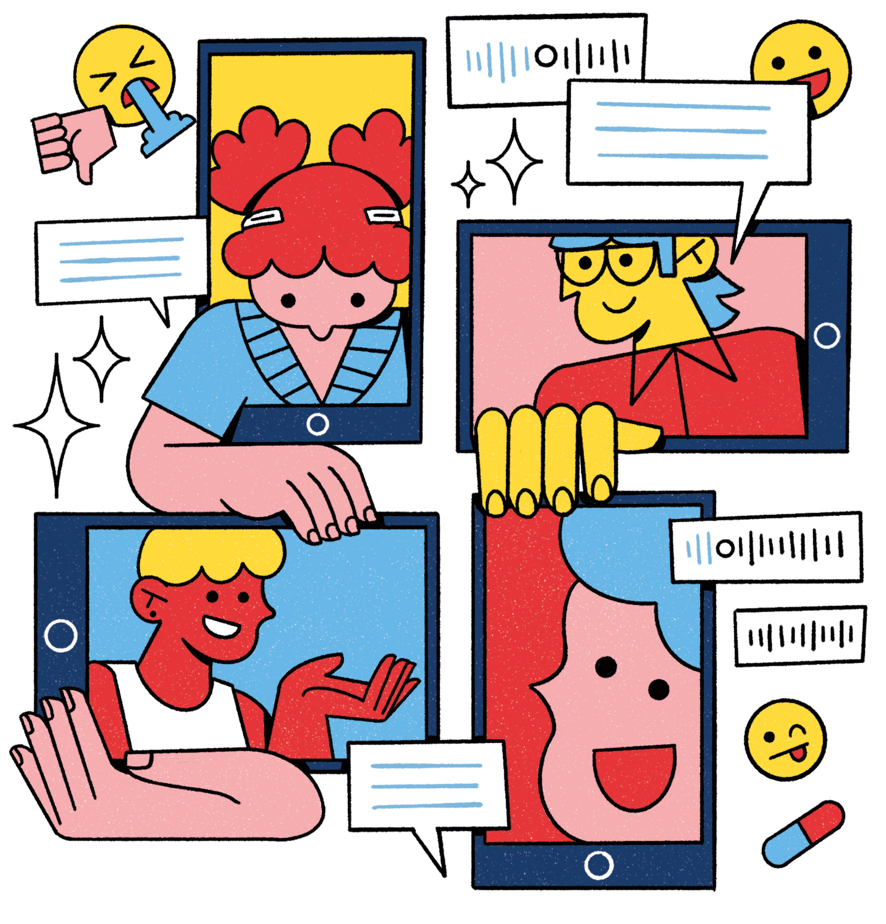 Illustration of diverse people engaged in conversations on their smartphones, showcasing communication and connection.
