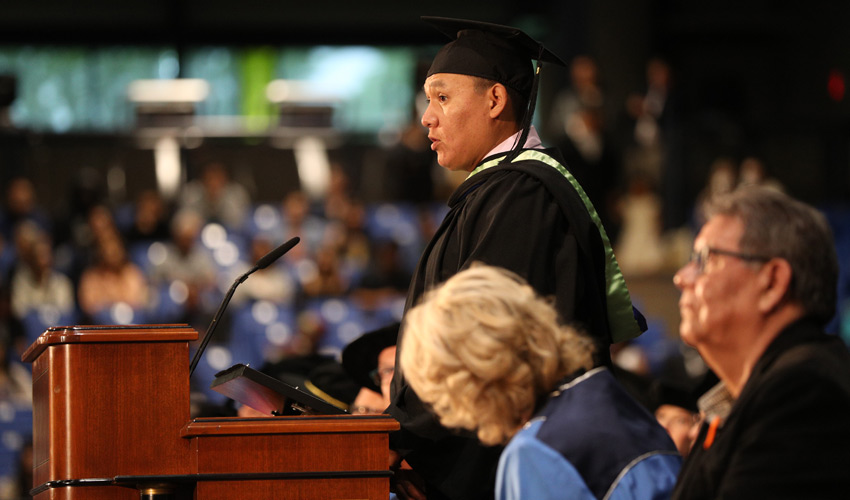 Bachelor of Health and Physical Education — Sports and Recreation Management alumnus Manny Yellowfly acted as the MRU alumni speaker.