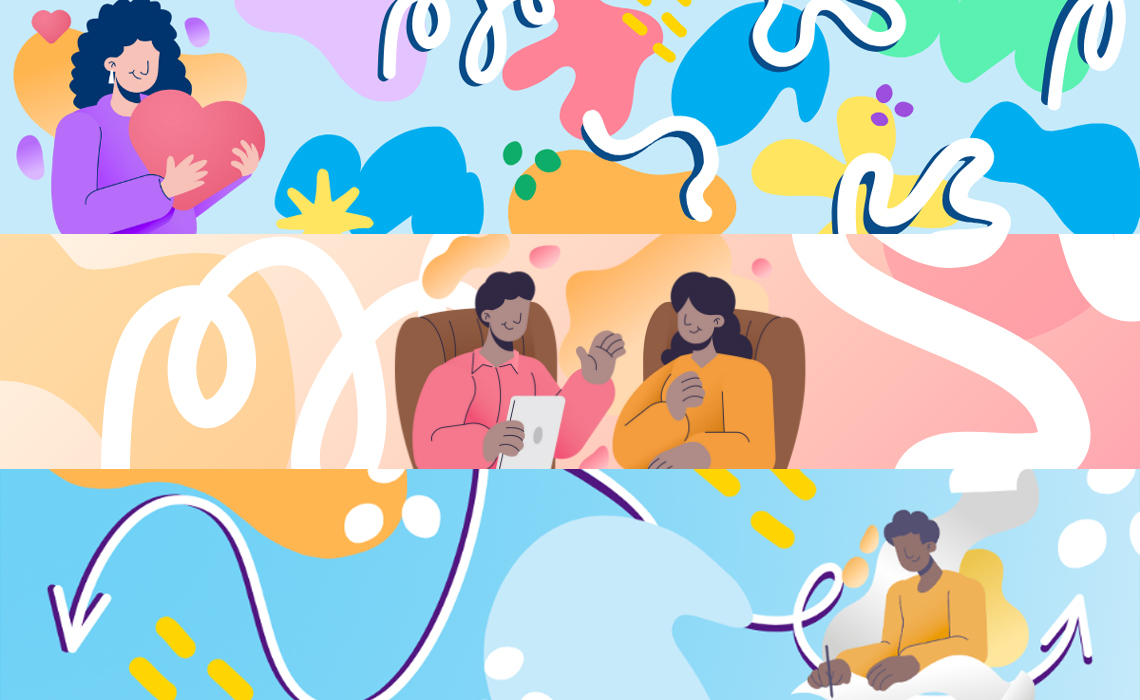 A collection of bright banners showcasing happy people.