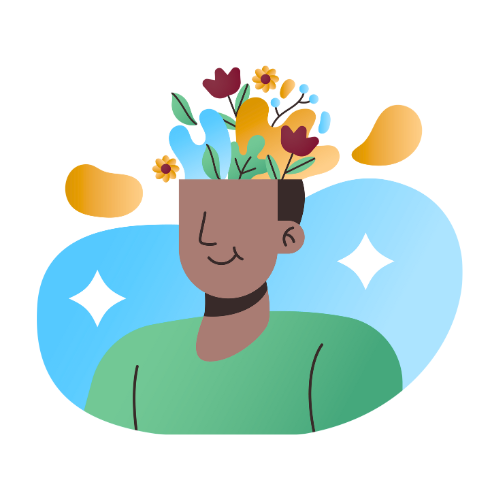 A whimsical illustration of a person adorned with vibrant flowers in his hair.