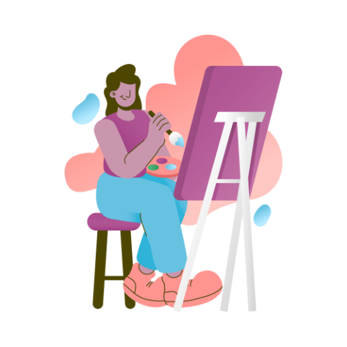 A woman is seated on a chair, engaged in painting a colorful artwork on a canvas.