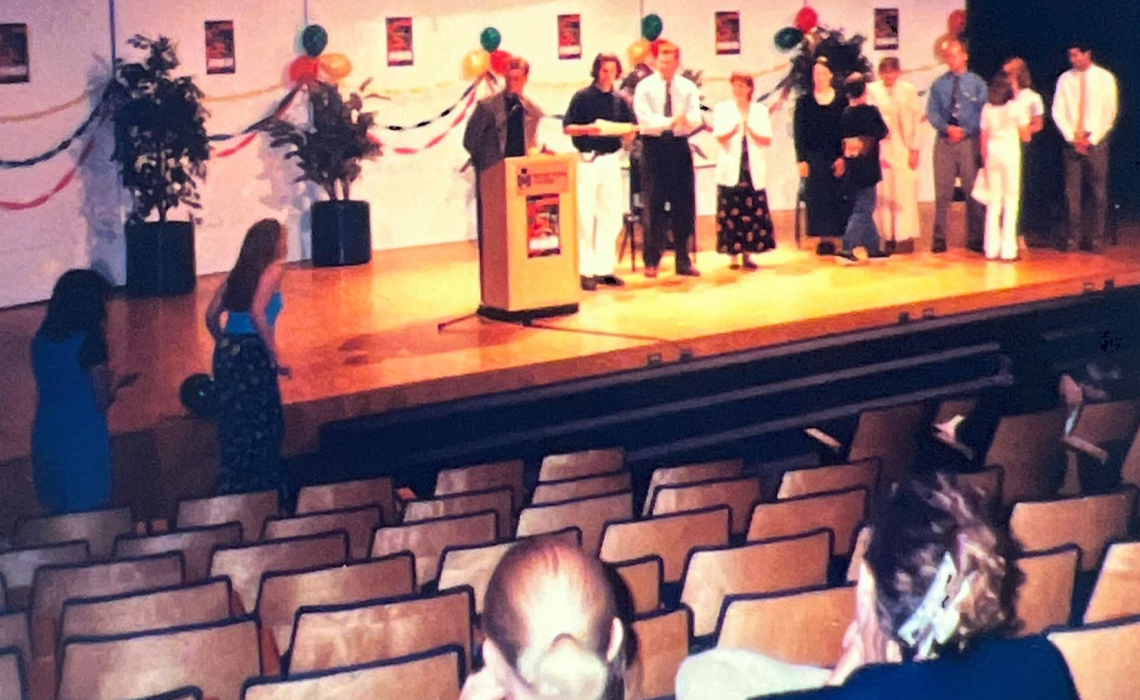 Campers take part in a 1997 graduation ceremony in Leacock Theatre.