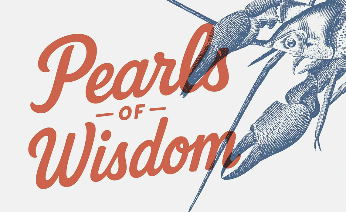 The words 'Pearls of Wisdom' on top of an vintage-style illustration of a lobster.