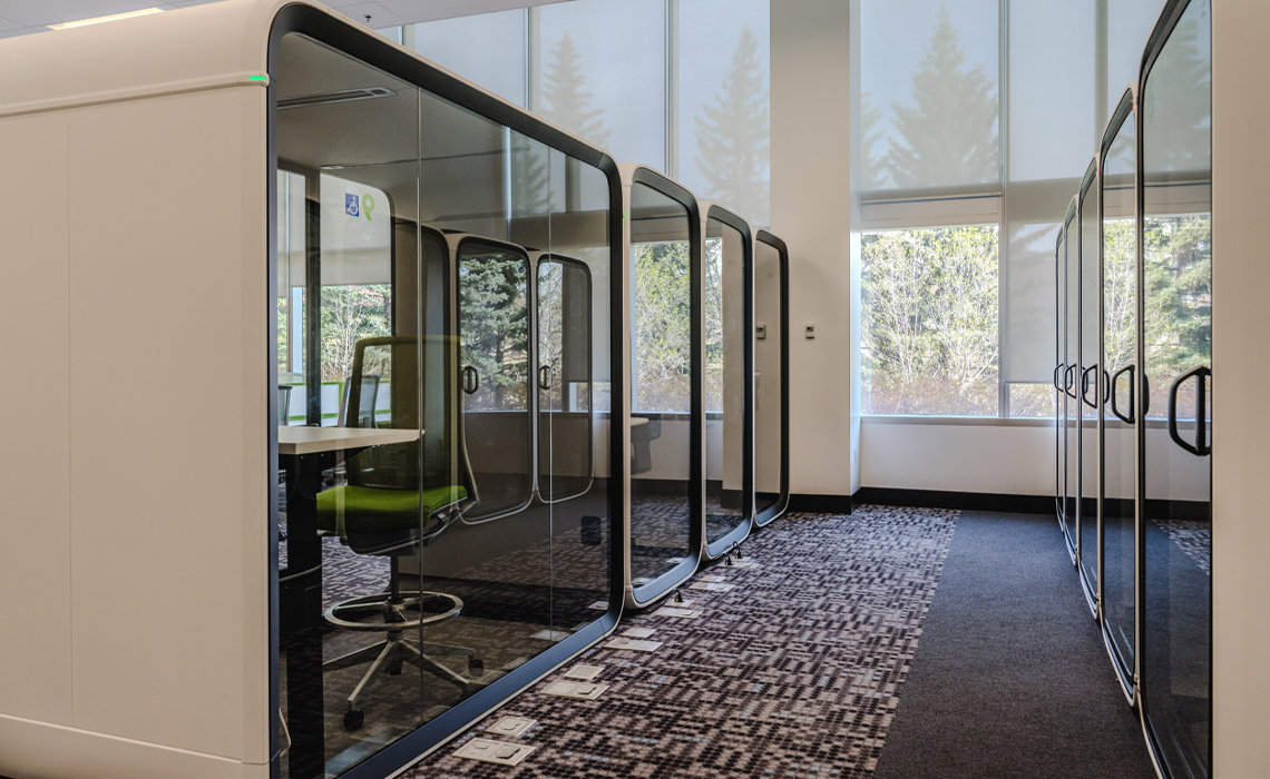 Modular isolation pods at Mount Royal University.