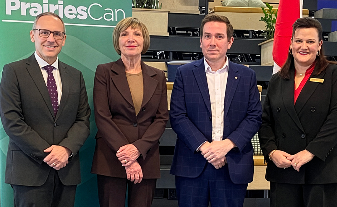 Dr. Chad London, provost and VP Academic at MRU; Eleanor Olszewski, minister of Emergency Management and Community Resilience and minister responsible for Prairies Economic Development Canada; Corey Hogan, MP for Calgary Confederation and parliamentary secretary to the Minister of Energy and Natural Resources; and Bianca Parsons, executive director of the Alberta Food Processors Association at funding announcement on Tuesday at Platform Calgary. 