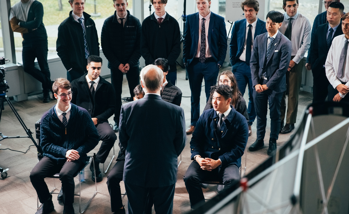Canadian North CEO and Mount Royal alumnus Michael Rodyniuk speaks with Aviation students following the announcement Oct. 12.