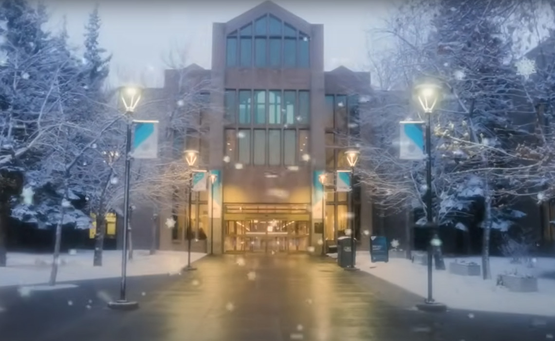 A wintry scene in front of MRU's West Gage.