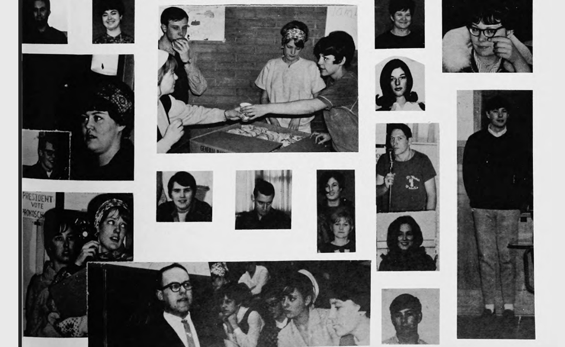 A scrapbook-style yearbook page from 1967 featuring cut-out photographs of students in the social work program.
