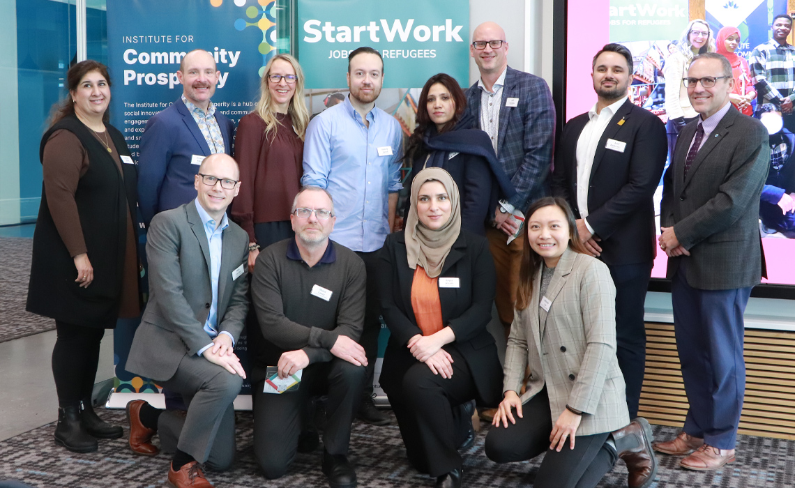 Back row left to right: Sammia Malik, Northpine Foundation, Brendan Bakay, Government of Alberta, Assisted Living and Social Services, Barb Rallison, MRU Institute for Community Prosperity, Abdulla Daoud, Northpine Foundation, Afshan Khurshid, StartWork participant, Jeff Loomis, executive director, Momentum, Aatif Baskanderi, CEO, Northpine Foundation, Chad London, PhD, MRU provost and vice-president, Academic. Bottom row left to right: Nick Gaudet, Government of Alberta, Assisted Living and Social Services, Shaun Loney, MRU Institute for Community Prosperity, Bayan Khatib, Northpine Foundation, Michelle Lee, MRU Institute for Community Prosperity.