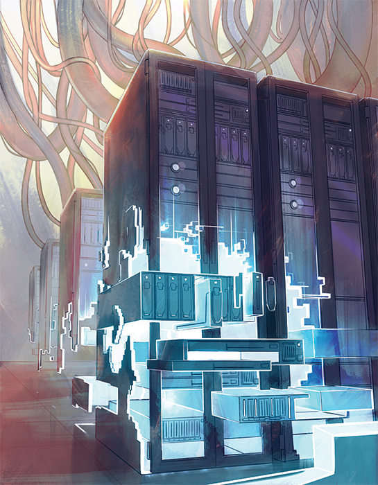 An illustration of a server farm, a vast rooms filled with endless rows of tall, metal server racks, packed with computers.