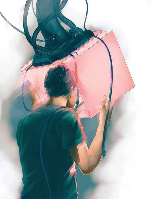 A man is holding a pink box with both hands, his head in the box.