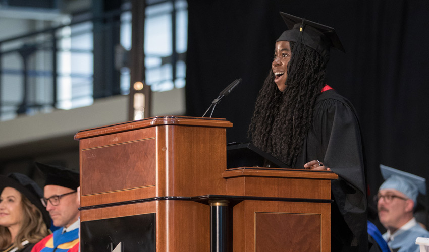 Bachelor of Communication — Public Relations alumna Tomi Ajele returned to her alma mater to provide some words of wisdom to the new graduates.