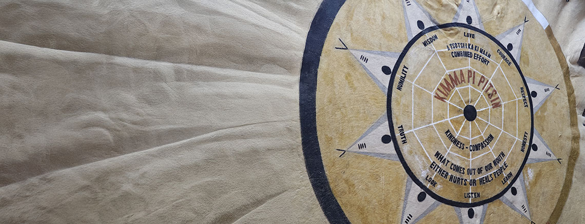 Close up of the painted buffalo robe, with a ring of tipis around a spiderweb labelled with words of teaching, all contained within the medicine wheel.