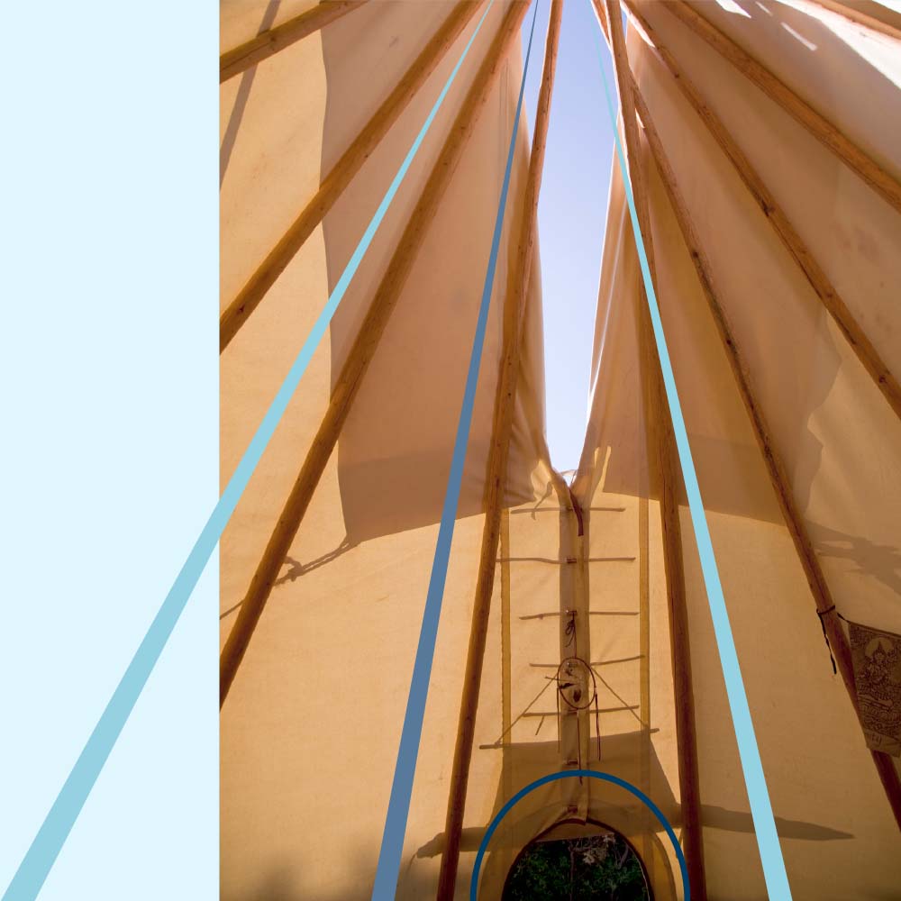 Looking up at the poles and opening of a lodge, with lines drawn along the poles.