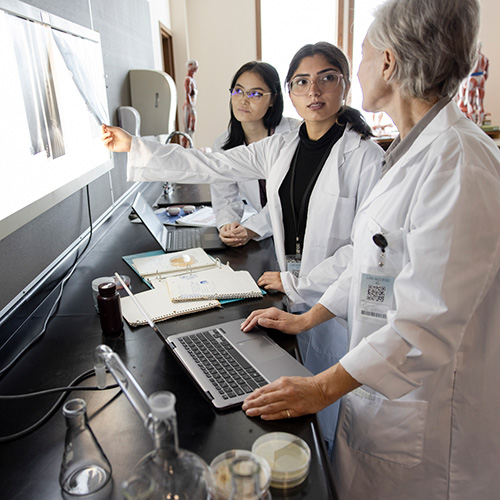 Two students reviewing an x-ray with a professor in a lab.