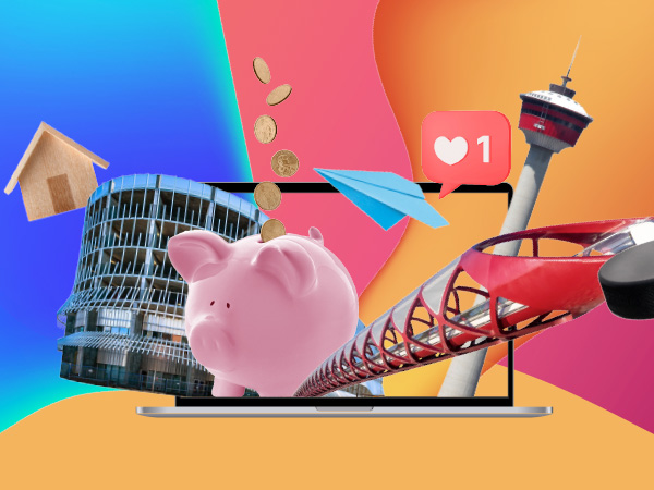 An collage of variety of image including the Calgary Tower, the Peace Bridge, a piggy bank, a hockey puck and more, popping out of a laptop screen in front of multiple colours blobs.