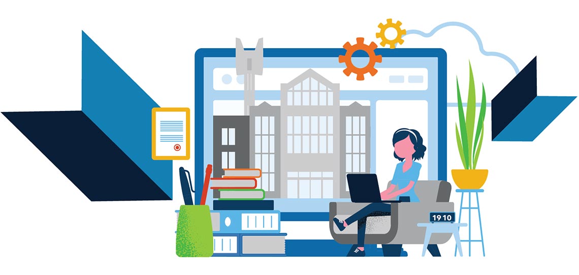 Illustration of Mount Royal University on an oversized screen surrounded by books and plants. A student works on a laptop in front of the giant screen.