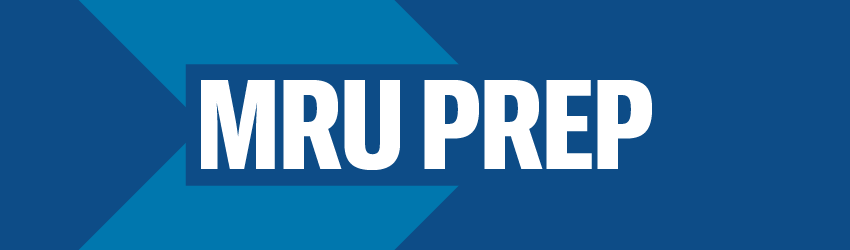A medium teal blue chevron on a royal blue background and the words 'MRU PREP' in bold, white letters.