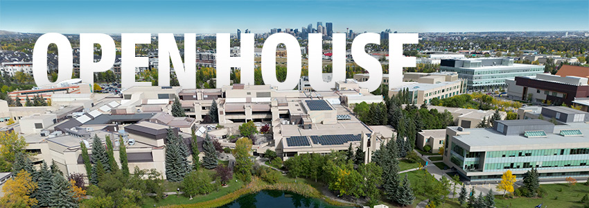 Aerial shot of the Mount Royal University campus with the words 'Open house' floating tucked behind some campus buildings