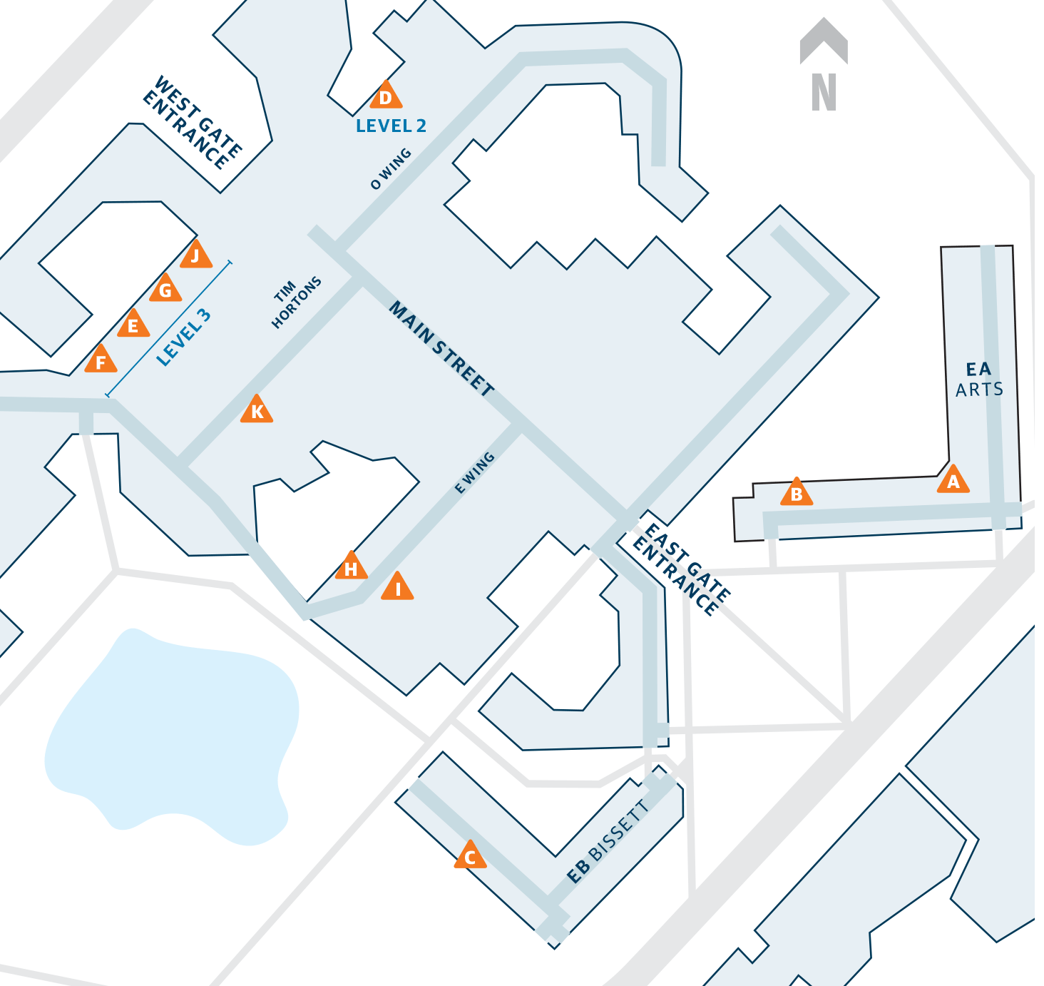 A map of the Mount Royal University campus with rooms with the approximate locations of live panels marked.