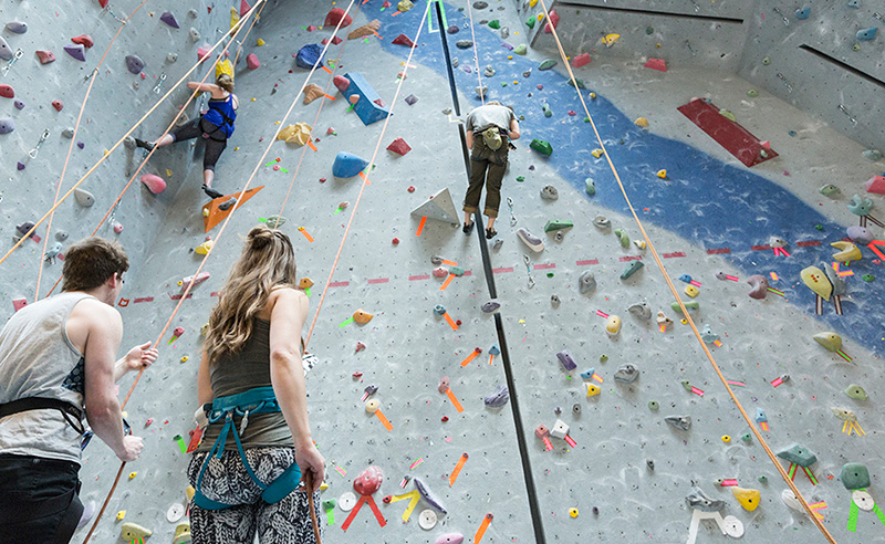 Rock climbers traversing the Cougars Athletics and Recreation climbing wall.