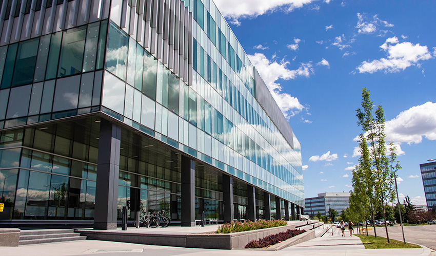 Photo of the long walkway and steps in front of the Riddell Library and Learning Centre. It is a rectangle building with walls of glass panels and windows and groups of parallel metal lines for decoration.