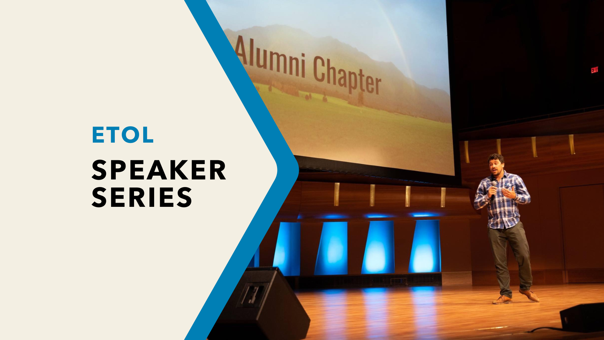 ETOL Speaker Series: an ETOL Alum giving a predentation on the stage of the Bella