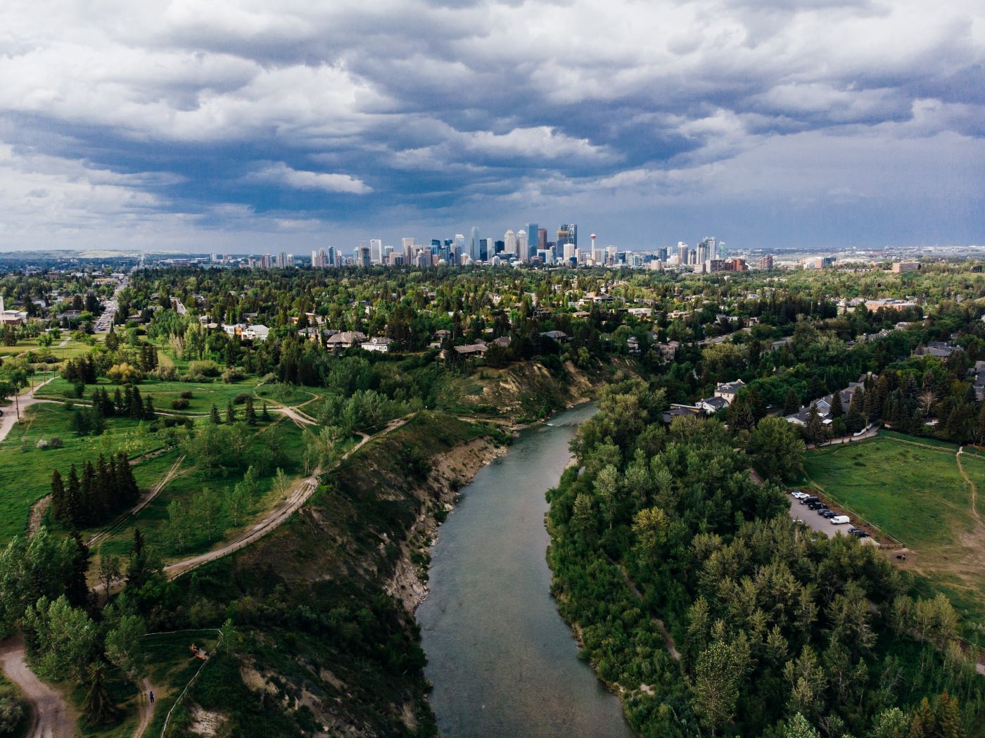 Beautiful shot of the river and Calgary's skyline at Golden Hour.