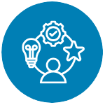 Icon of a person with cogs, lightbulbs and stars coming out of their head.