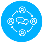 Icon of people being connected in a circle with text bubbles in the center.