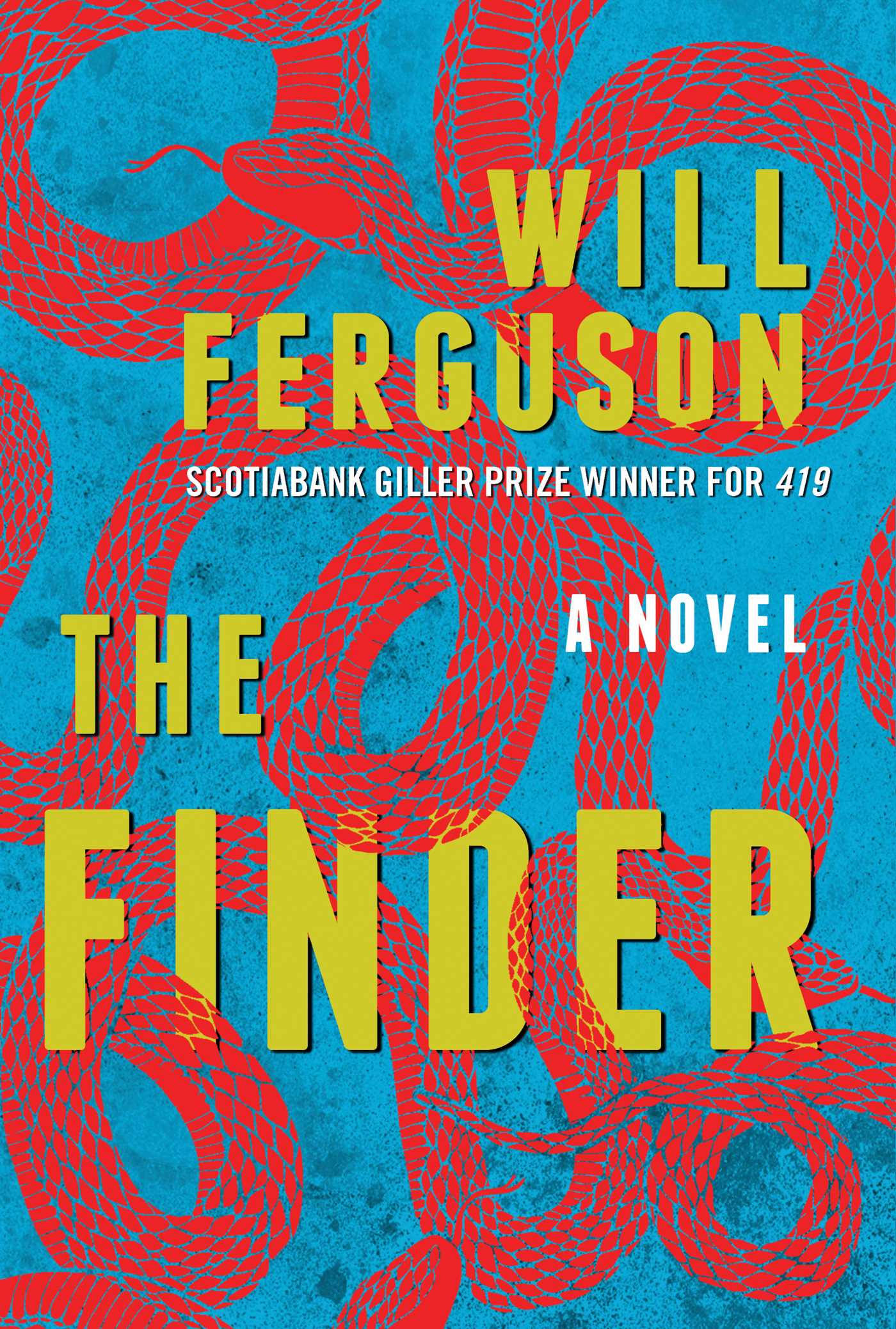 Cover of the book 'Finder' by Will Ferguson. A bright-red, illustrated snake over a textured bright blue background.