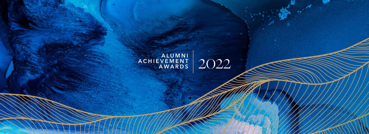 Fine gold lines in a leaf-like pattern over shades of blue and white blending in to one another and the words "Alumni Achievement Awards 2022"