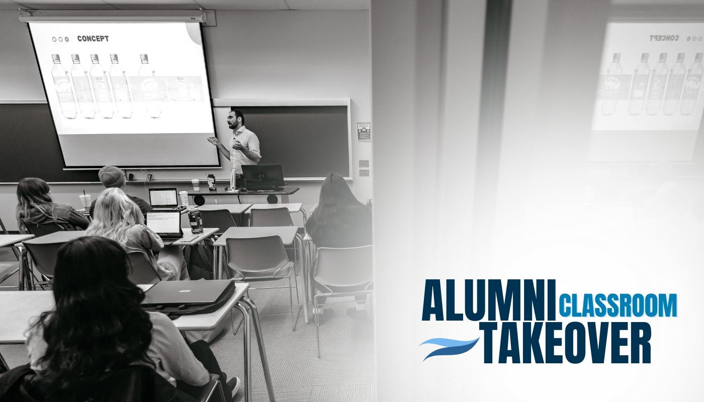 An alum giving a lecture to a class of Mount Royal Students during the Alumni Classroom Takeoer