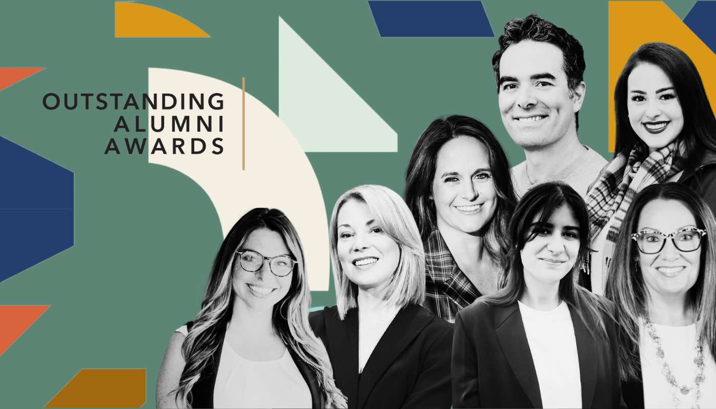 Black and white photos of the 2024 Outstanding Alumni Award recipients in front of a bunch of abstract, colourful shapes.